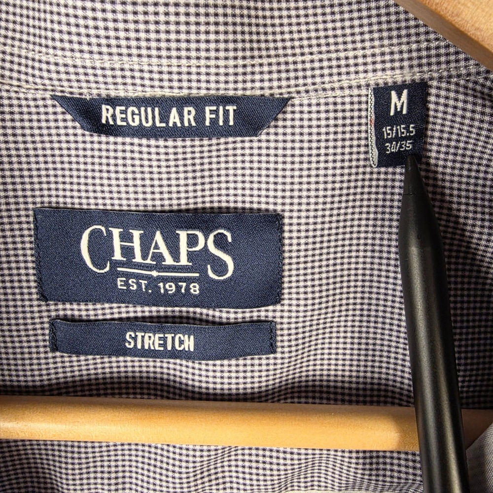 Chaps Mens Medium Regular Fit Stretch Micro Check Shirt Blue White Button Down - Picture 2 of 8